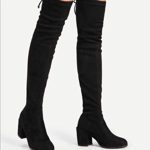 Over the knee black suede tie back boots